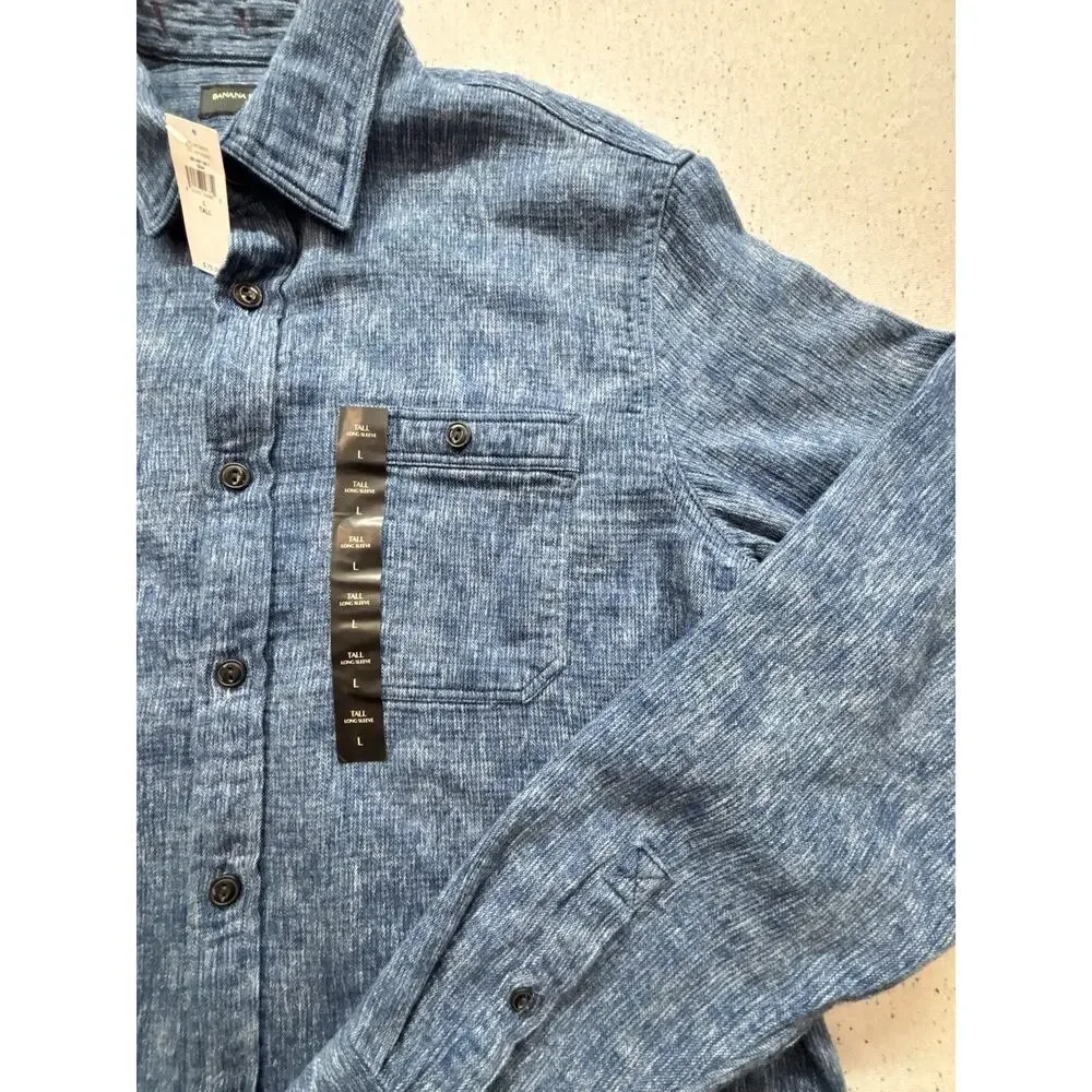 NWT Banana Republic Mens L Tall Button Up Shirt Indigo Blue Slub Chambray $75
